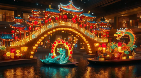 装饰华丽的中式彩灯桥夜景