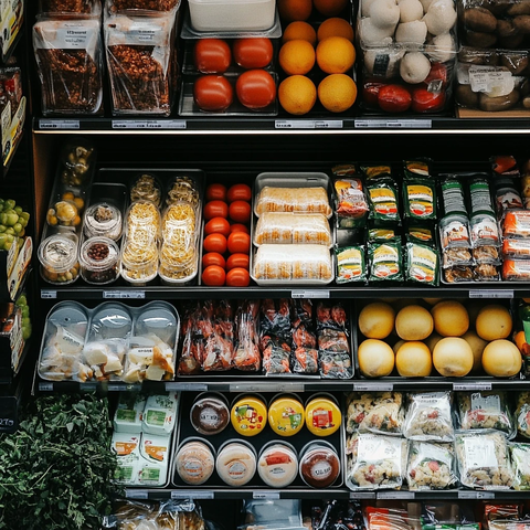 超市收银台食物摆放