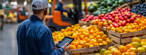 批发商通话中处理水果订单