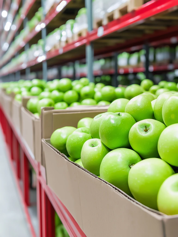 新鲜苹果装满纸箱货架