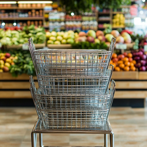 银色购物篮堆叠与果蔬陈列