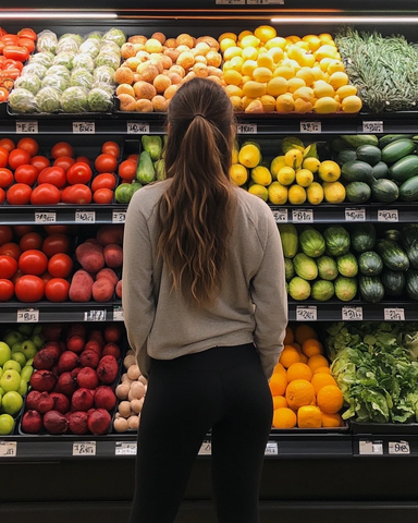 女孩穿运动装站蔬菜区