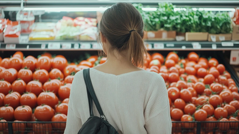 超市女性比较两个番茄