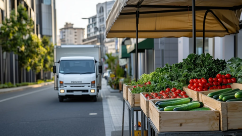 街边蔬菜摊与冷藏卡车
