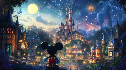 米老鼠眺望灯火辉煌的童话城堡夜景