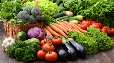 新鲜蔬菜水果堆放木背景