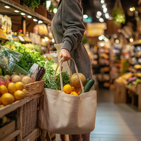 顾客装满环保袋的蔬菜水果