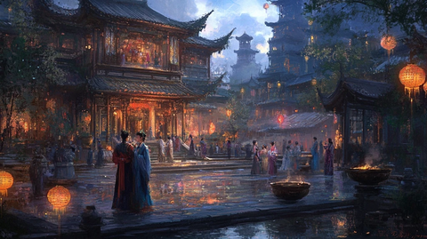 古色古香中式建筑夜景下的人物活动