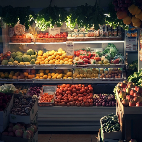 新鲜蔬菜摊位早晨阳光