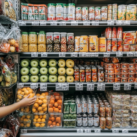 新鲜水果与不健康食品货架