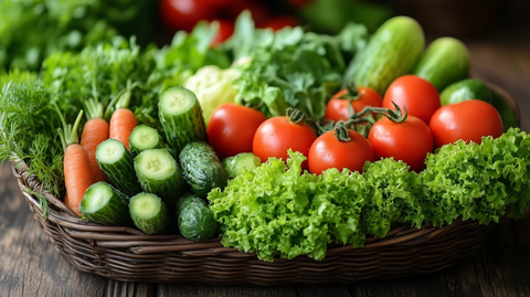 木桌上的蔬菜篮