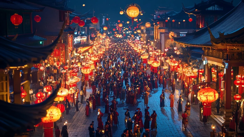 挂满灯笼的古街夜景人头攒动热闹非凡