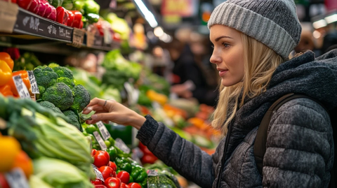 市场女子挑选蔬菜豆类