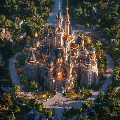 森林中的华丽城堡鸟瞰全景