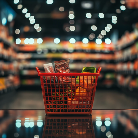 超市购物篮与商品背景