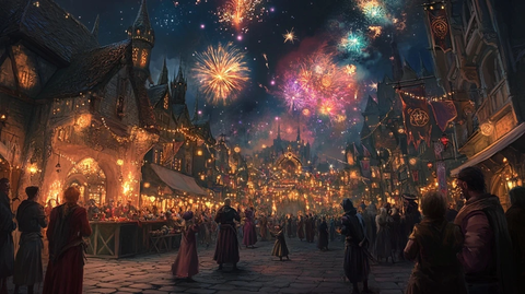 中世纪小镇上空绽放绚丽烟花的夜景