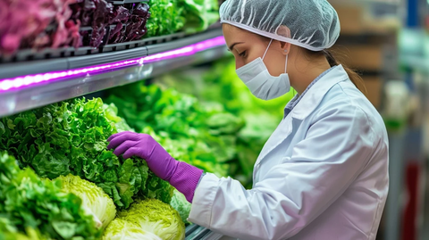 科学家检查紫光下生菜