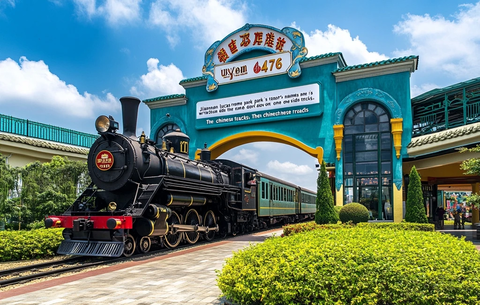 复古火车停靠在特色建筑前的景象