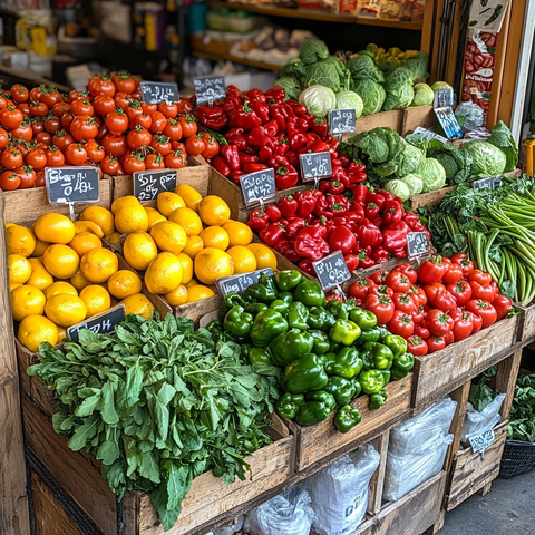 新鲜蔬果摊位展示