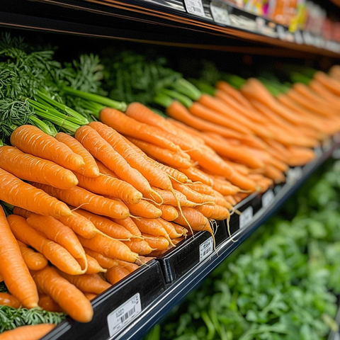 胡萝卜整齐排列在货架上