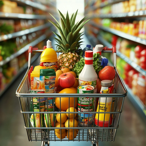 购物车装满新鲜蔬果和日用品