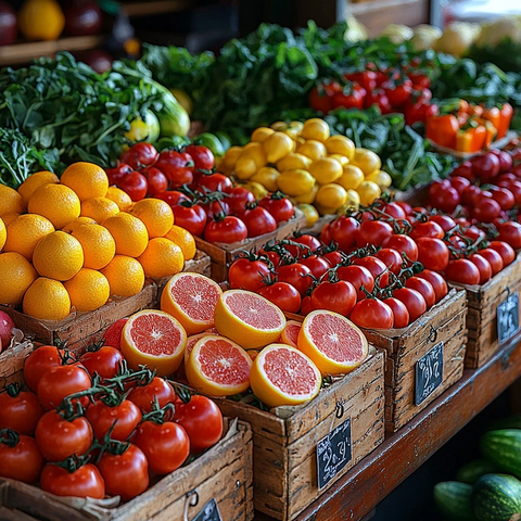 新鲜蔬菜水果摊位展示