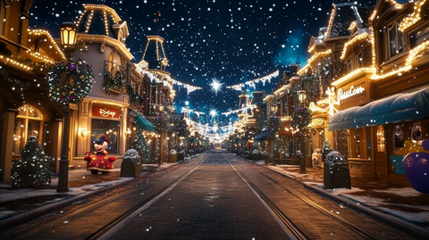 圣诞夜灯火璀璨的迪士尼街道
