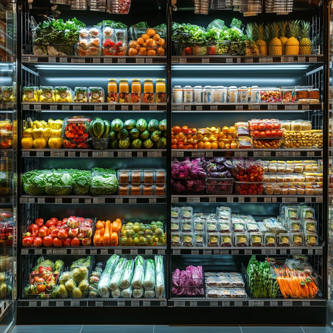新鲜食品展示墙灯光璀璨