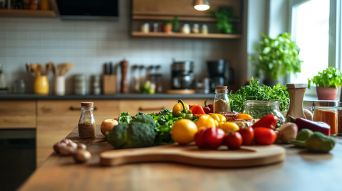 多彩新鲜食材铺满餐桌