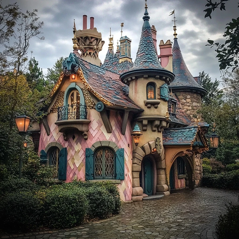 童话风格的尖顶城堡建筑外景