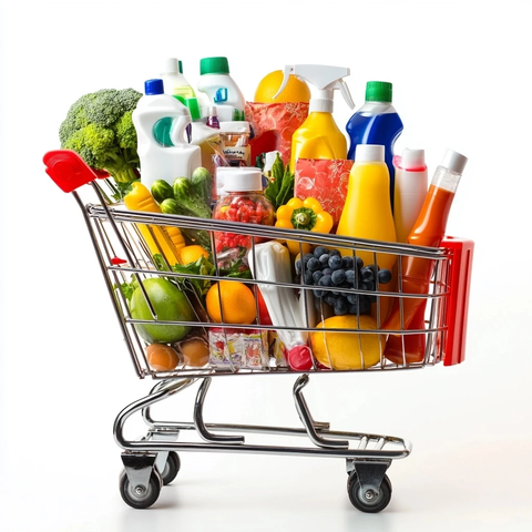购物车满载水果蔬菜清洁品