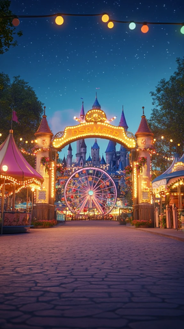 游乐园夜景摩天轮与城堡交相辉映