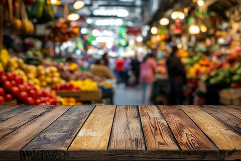 木制摊位与市集蔬果