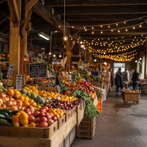 室内市场木质摊位果蔬琳琅