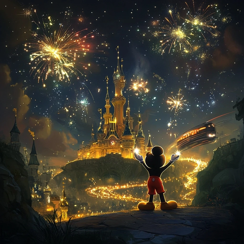 米奇在城堡前观赏烟火的夜景