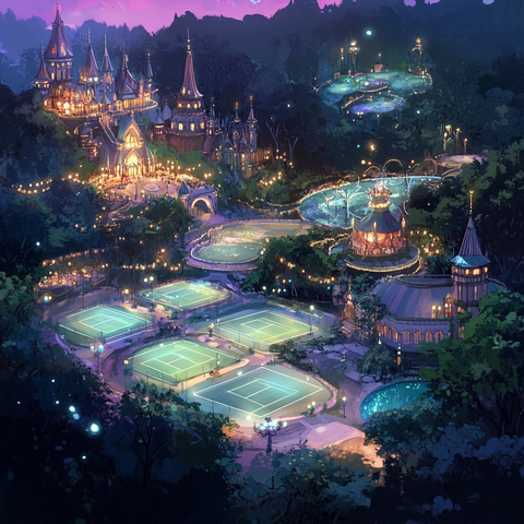 夜景中灯火辉煌的城堡及网球场