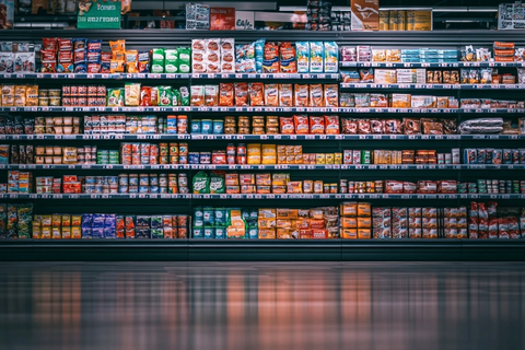 超市货架满载多样包装