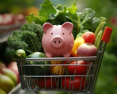 粉色储蓄罐与购物车中的新鲜蔬果