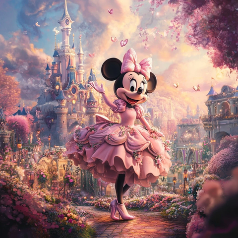 城堡前身着华丽裙装的米妮