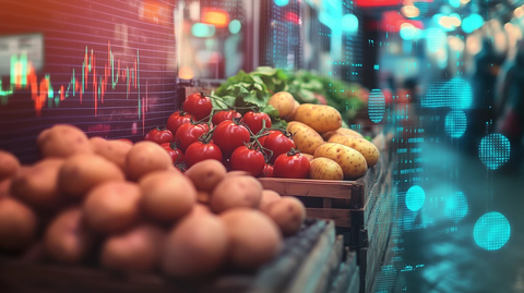 股市波动与蔬菜摊位交织