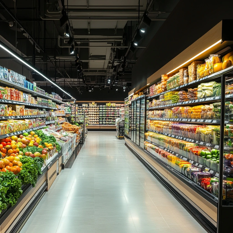 超市货架整齐陈列商品