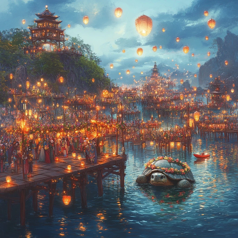 水上灯会热闹场景乌龟花灯水中游