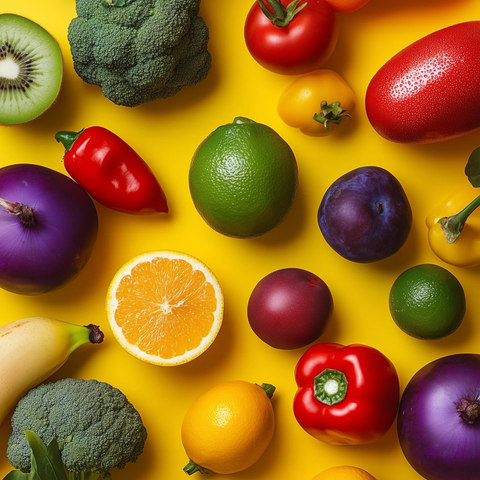 黄红紫背景蔬菜水果视图