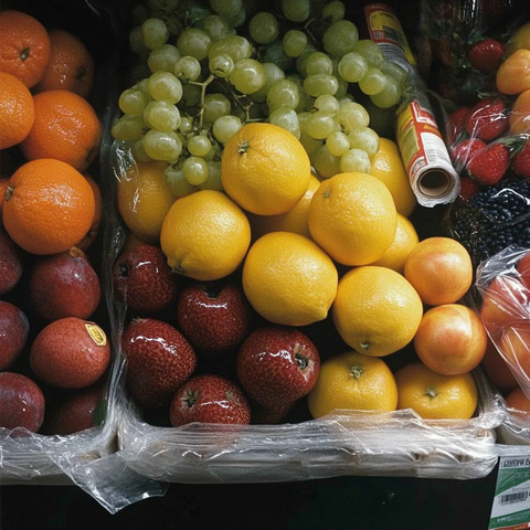 水果堆放与塑料袋卷