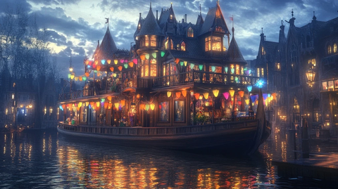 装饰多彩彩灯的特色水上建筑夜景