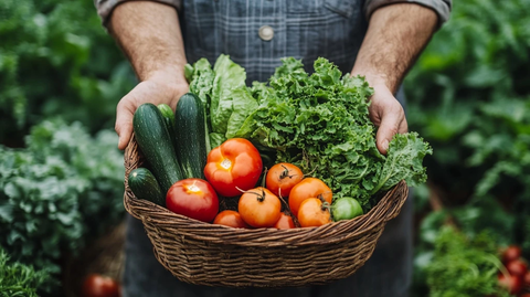 农夫手捧新鲜蔬菜篮