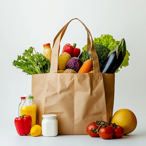 超市购物袋与蔬果奶制品