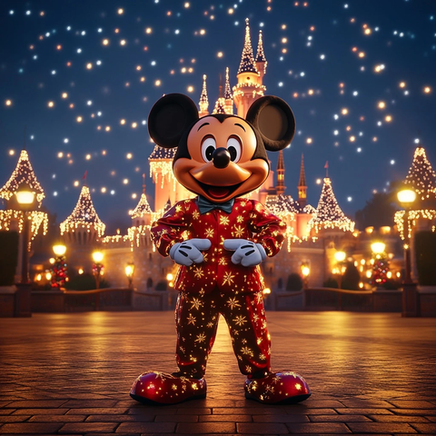 迪士尼城堡前的米奇玩偶形象
