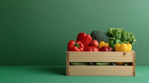 蔬菜木盒摆放在绿色背景