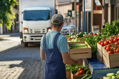 蔬菜摊贩与冷藏卡车